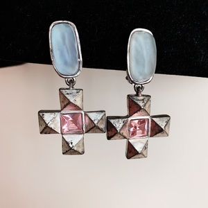 Vintage Rare KARL LAGERFELD Byzantine Silver Cross Blue Rhinestone Clip Earrings